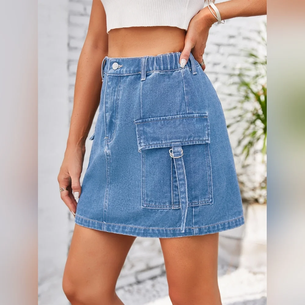 Denim Mini 90s Retro Cargo Side Pocket High-Rise Elastic Waist Blue Jean Skirt